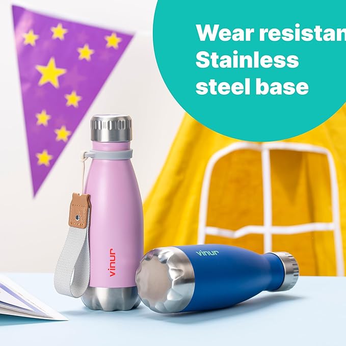 VINUR Small Water Bottle- 9 oz Stainless Steel Vacuum Insulated Leak Proof Water Bottle for kids Travel-Cola Shape Reusable Flask with Carry Rope for Girl, Teal