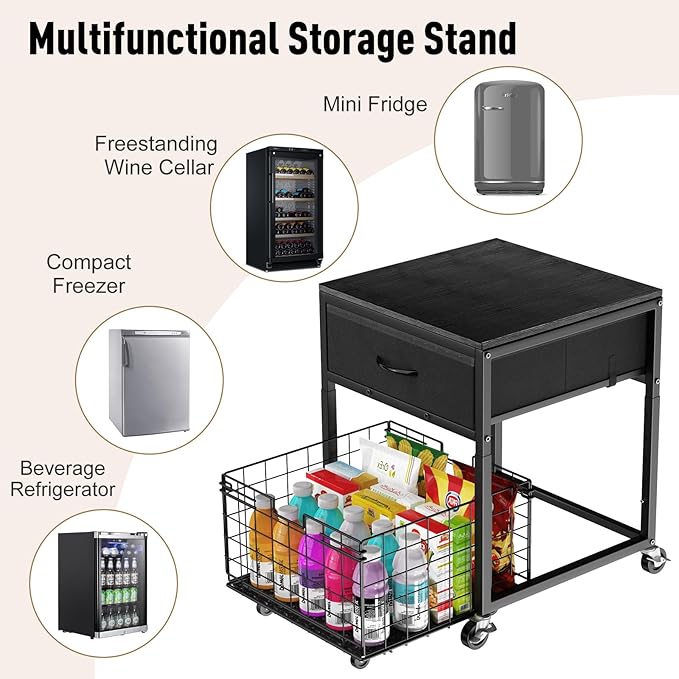 Housolution Mobile Mini Fridge Stand with Storage, Height-Adjustable Mini Beverage Fridge Table, Coffee Bar, 200 lbs Heavy-Duty Compact Refrigerator Shelf with Rolling Cabinet for Kitchen Home, Black