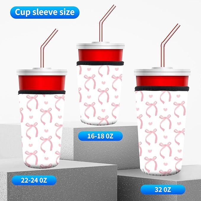 3 Pack Reusable Neoprene Insulator Sleeve for Iced Coffee Cups, Funny Coffee Cup Sleeves for 16-32oz Coffee cups, Cute Drink Sleeve for Cold Hot Beverages Cute Pink Bows