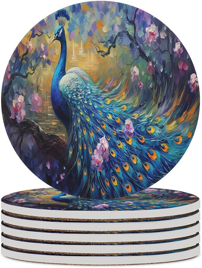 Peacock Drink Coasters, Round Ceramic Drink Coaster Round-6PCS, Vintage Watercolor Style Floral Beautiful Blue Peacock Decor Absorbent Ceramic Coasters for Beverage Cup, Bar, Coffee Table