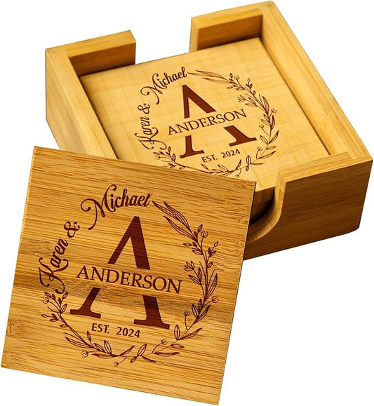 Silveroy Custom Coaster Set of 6 with Holder - Personalized Bamboo Bar Coasters for Anniversary, Wedding, Ideas to Couples, Newlyweds