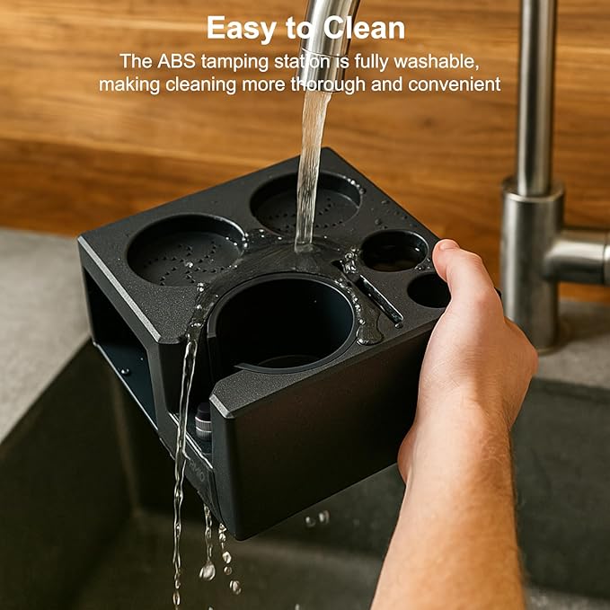Espresso Tamping Station - 7 in 1 Espresso Coffee Organizer Box Fits for Storage 51/54/58MM Espresso Tamper, Distributor, Portafilter and Puck Screen Accessories, Plastic Tamp Station, Black