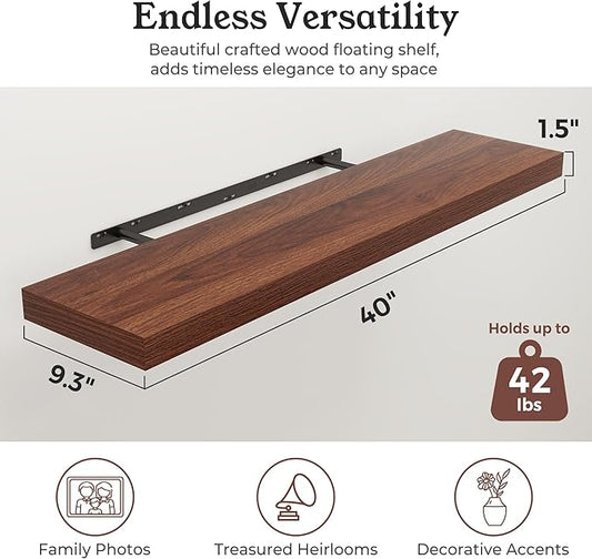 Floating Shelves for Wall, 9.3" Deep Wall Mounted Wood Shelves for Bathroom, Bedroom, Living Room, Kitchen, Hanging Shelf for Books/Storage/Room Decor (Walnut, 40")