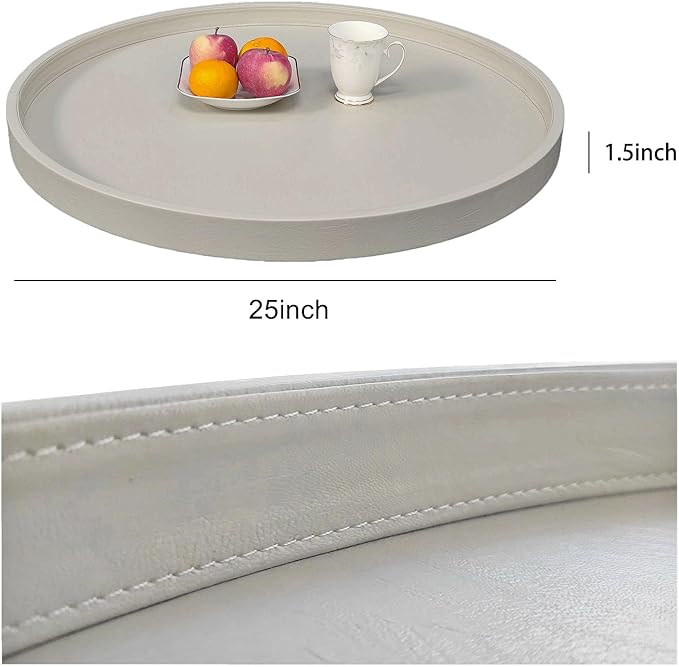25 * 25 inches high-end Light Luxury Leather Round Oversized Service Tray, Ottoman Tray，Coffee Tray, Food Tray, Family Dinner, Out-of-House Picnic, Party Essential Tray (25 inch Beige)