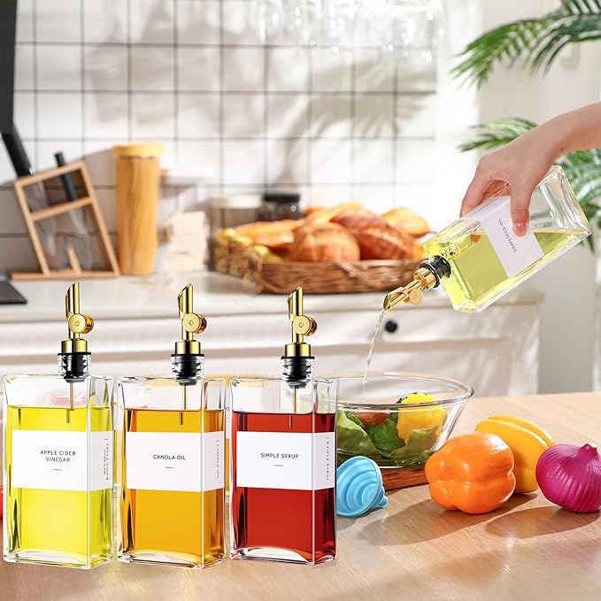 4 Pcs Olive Oil Dispenser for Kitchen, Glass Olive Bottles Oil Seasoning Bottle Set Coffee Syrup Soy Sauce Dispenser(Gold,500 ml)