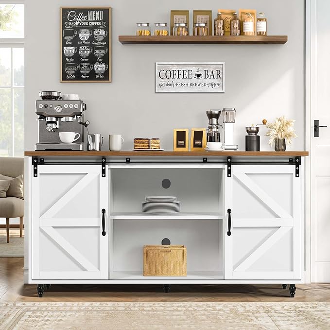 4ever2buy Farmhouse Coffee Bar Cabinet with Storage Sideboard Buffet Cabinet with Sliding Barn Doors 58 inch Buffet Table with Gourd Feet for Dining Room Living Room White