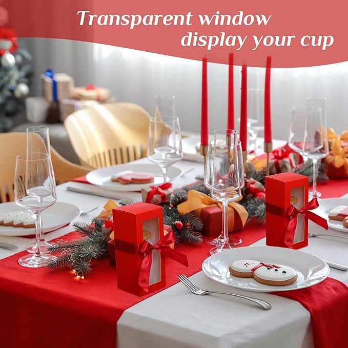 Honoson 24 Pcs Tumbler Gift Box with Ribbon for Sublimation Glass Exhibition Boxes Transparent for 12oz 16oz 20oz Drinking Cup Glasses Jars Mug Can Blanks(Wine Red)