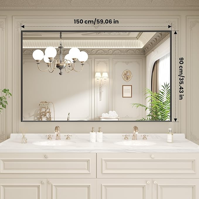 LOAAO Black Bathroom Mirror 60"X36" for Wall, Rectangle Bathroom Vanity Mirror, Tempered Glass, Hangs Vertically or Horizontally, Easy to Install, Modern Design