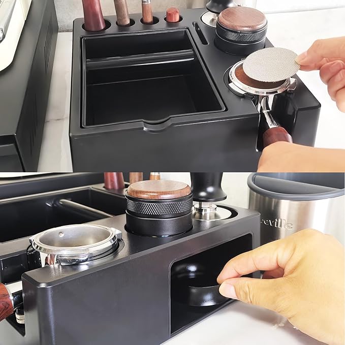 Espresso Tamping Station And Knock Box,ALL in 1 Espresso Organizer Station,Multifunctional Tamper Station Fit for 51/54/ 58mm Espresso Accessories,Removable Knock Box Espresso Station (Black, 51-58mm)