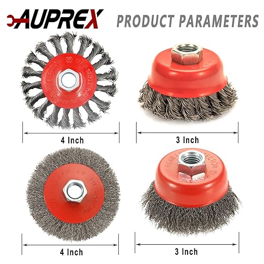 4 Pack Wire Wheel & Cup Brush Set for 4 1/2 Angle Grinder, 5/8"-11 Threaded Arbor, Heavy Duty Carbon Steel Wire Brush for Rust Removal, Paint Stripping & Polishing, Fits Most Grinders