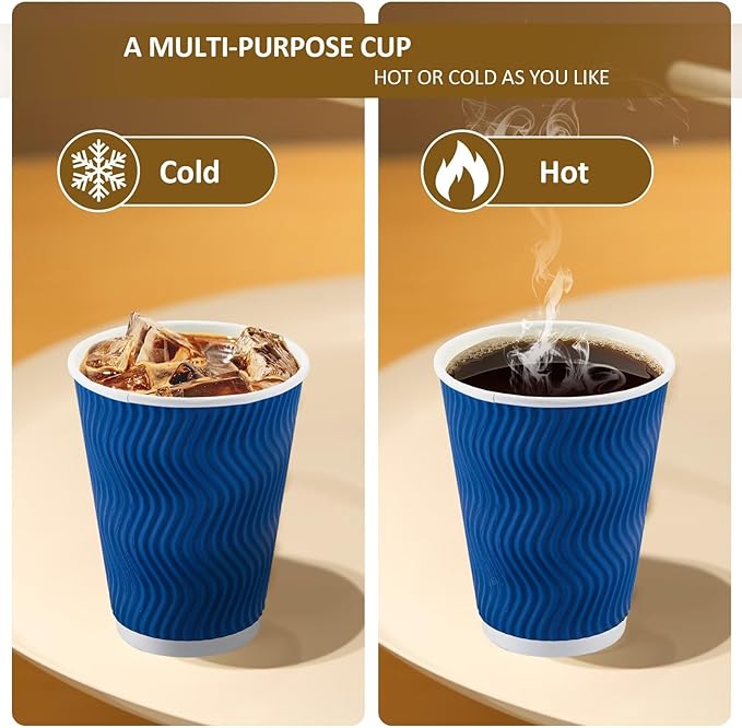 Clawsoff 100 Pack Coffee Cups with Lids 12oz, Disposable Insulated Ripple Wall To Go Paper Coffee Cups for Hot/Cold Drinks Office Home Shop Event (Navy)