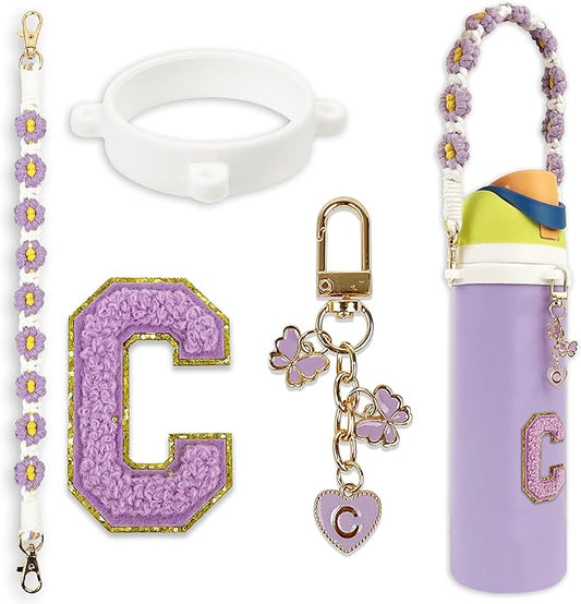 Compatible with Owala Water Bottle Accessories, Cute Letter Charm Set with Boho Handle Strap, Monogram Sticker, Silicone Ring, Keychain Decoration, for FreeSip 24 32 40oz, Owala Kids, Tumbler Gift