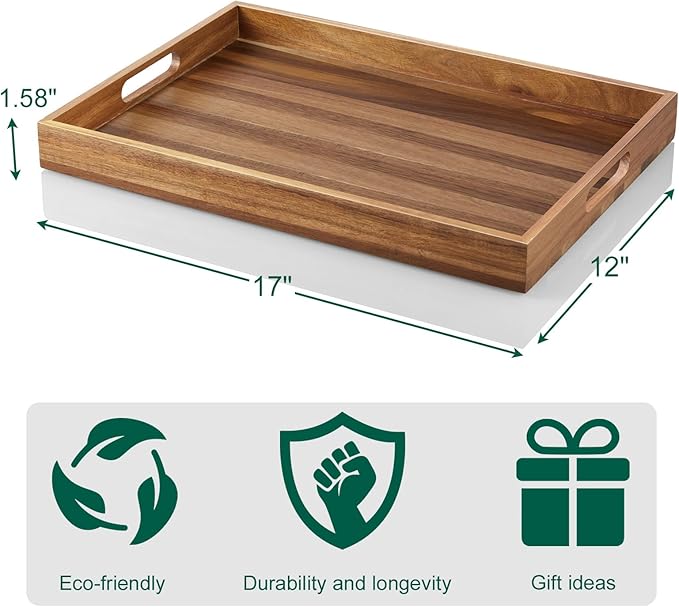2 Pack Acacia Wood Serving Tray with Handles - 17 Inch Large Wooden Tray for Ottoman, Breakfast in Bed, Dinner, Coffee Table