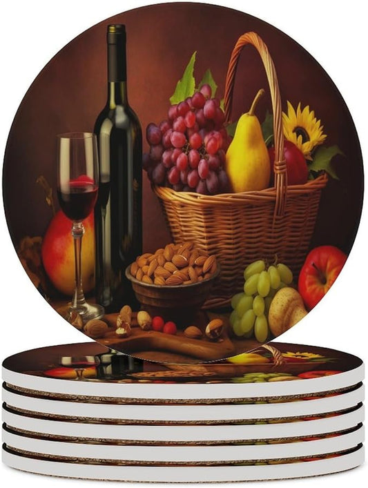 Round-6PCS Red Wine Drink Coasters, Round Modern Ceramic Absorbent Coasters, Retro Red Wine Bottle and Grapes Fruit Basket Pattern Decor Desk Coffee Table Coaster for Beverage Cup Tea Coasters