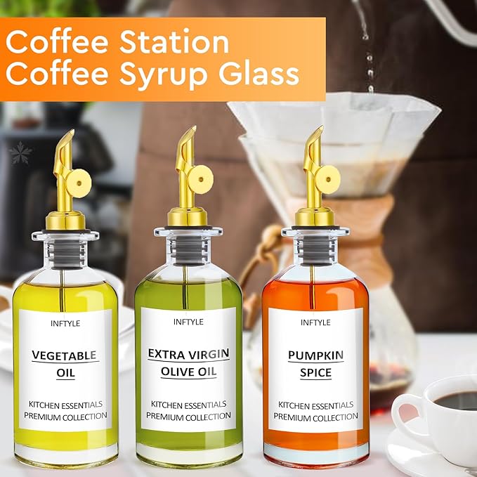 INFTYLE Olive Oil Dispenser Bottle Glass Coffee Syrup Bottles Set of 6 Cooking Oil bottles for kitchen, with Pourer Spout, Sealing Stopper, Labels, Funnel, Cleaning Brush (12 oz)