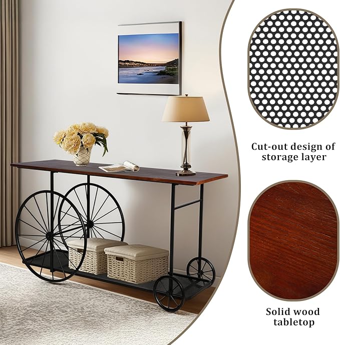 Vintage Industrial Console Table with Wagon Wheel Design, Rustic Wood Top with Metal Frame, 59.1 x 15.75 x 32.28 Inches, Storage Shelf Sofa Table