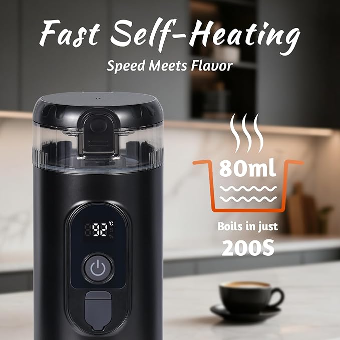 Portable Espresso Coffee Maker,Travel Coffee Maker for Camping with Self-Heating & 20Bar Pressure - USB-C Charging, Smart Display, Compatible with Capsules/Grounds for Camping/RV/Office