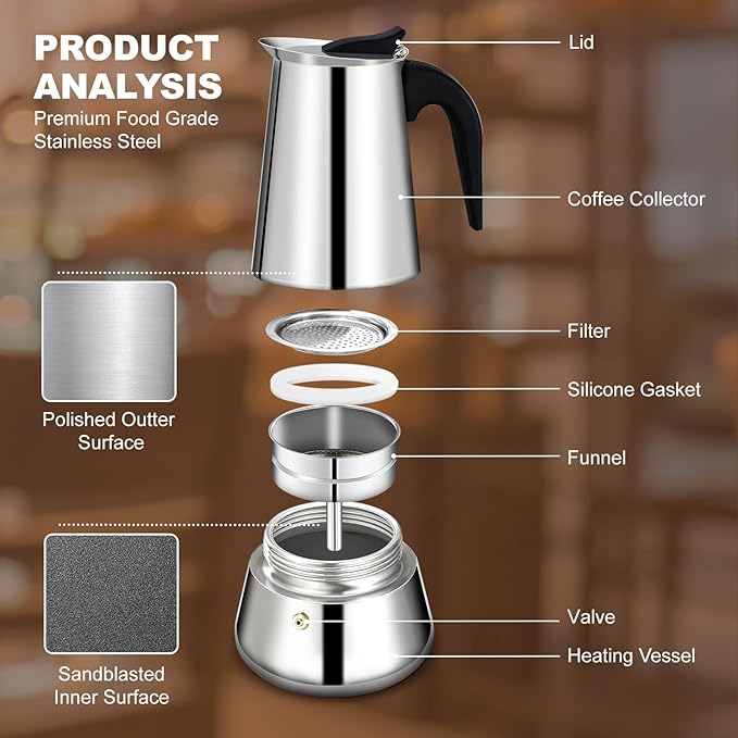DITOSH 6 Cup Stovetop Espresso Maker Stainless Steel Moka Pot Stove Top Percolator Italian Coffee Makers Capable Mocha Greca Machine Cafe Classic Induction Cookers for Home and Camping 300ml 10oz