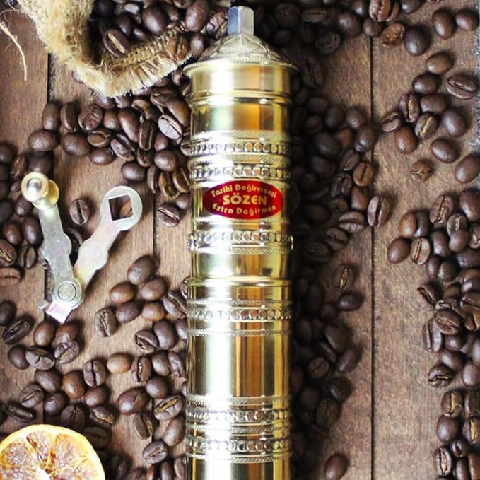 Sozen Hammered 7" Manual Coffee Grinder Brass – Hand Crank Burr Mill for Turkish Coffee, French Press, Espresso, Camping & Home Use – Portable Coffee Bean Grinder, Adjustable Conical Grinder