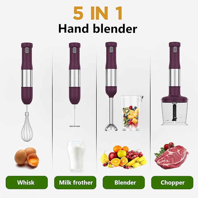 Cordless Immersion Hand Blender, 5-in-1 Variable Speed blender handheld,Rechargeable with 2000mAh Battery, BPA-Free & Dishwasher-Safe Accessories:700ml Beaker,Chopper,Whisk & Milk Frother,Plum