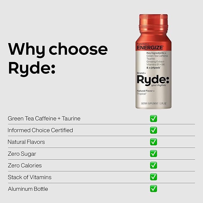 Ryde: Energize Shot | Tropical Flavor | Green Tea Caffeine, Taurine, Ginseng Extract & B Vitamins | 0 Calories, 0 Sugar | 2 FL OZ Shots | Boosts energy* (24 Pack)