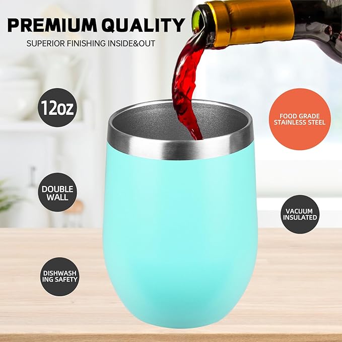 StarSpeed 12oz/6 Pack Wine Tumbler with lid, Stainless Steel Travel Mugs Stemless Double Wall Insulated Coffee Cup, Insulated Wine Glasses Travel Tumbler for Cold & Hot Drinks(Light Green, 6)