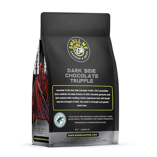 Bones Coffee Company Star Wars Dark Side Chocolate Truffle Flavored Coffee, Medium Roast Low Acid Arabica Beans Compatible with Auto drip and French Press Coffee Maker, 12 Oz Whole Bean
