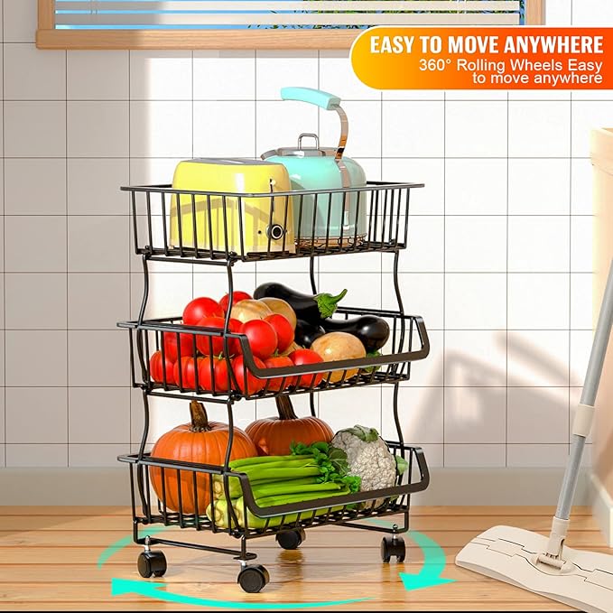 3-Tier Rolling Pantry Organizer and Storage Cart with Wheels – Stackable Wire Snack Cart for Kitchen, Pantry Shelves and Storage Rack for Fruit, Vegetables, Onion, Potato (1 Pack)