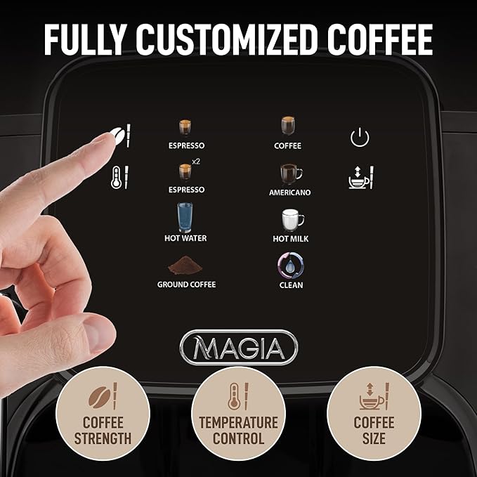 Zulay Kitchen Magia Clasica Automatic Espresso Machine with Built-In Grinder, Touch Panel Coffee Maker, Steam Wand Milk Frother, Adjustable Strength, Self-Cleaning, Black