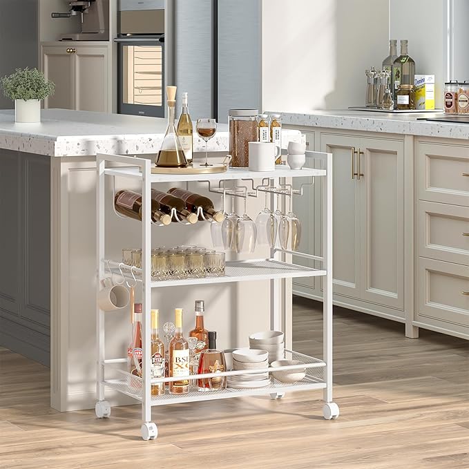Bar Cart, Home Bar Serving Cart with 3-Tier Shelf,Microwave Cart with Lockable Wheels,Mobile Kitchen Shelf,Rolling Beverage Cart with Wine Rack and Glass Holder for Kitchen,Dinning Room,White