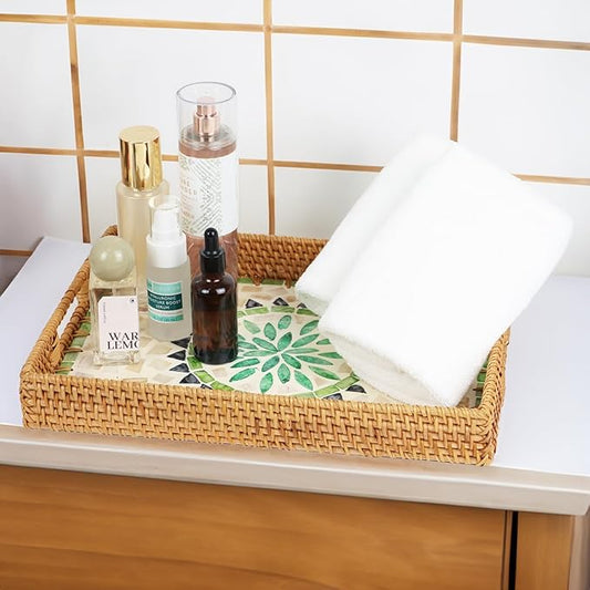 Rattan Serving Tray, Rectangle Coffee Table Tray with Mother of Pearl Inlay, Decorative Wicker Basket with Handle for Coffee, Bread, Fruits, Snacks, Table Decor (Bohemia)