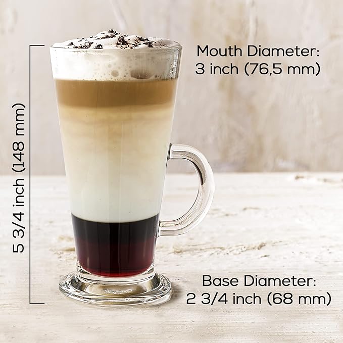 Crystalia Irish Coffee Glasses Set of 2, Latte Mugs with Handle, Clear Tall Glasses for Iced Coffee, Latte, Cappuccino, Hot Chocolate, and Hot Toddy (Small 9 oz)