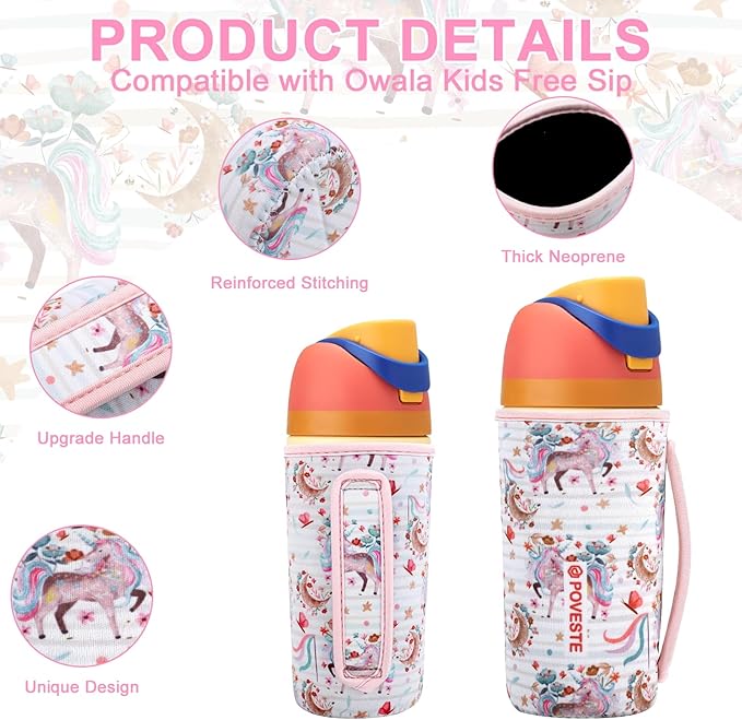 Water Bottle Sleeve with Handle for Owala Kids FreeSip 16 oz, Water Bottle Scratch Resistant Sleeve, Neoprene Cover Compatible with Owala 16 oz for Boys Girls to School Travel
