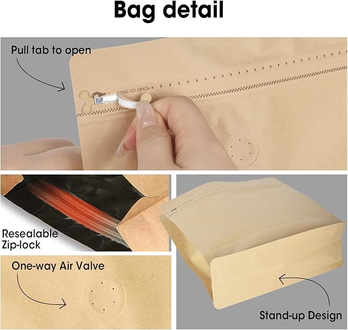 50 Count 16oz Coffee Bags with Valve,1lb Vented Coffee Beans Packaging Bags High Barrier Aluminumed Foil Flat Bottom Heat Sealed Side Zipper Resealable Storage Bag for Home or Business（Kraft paper）
