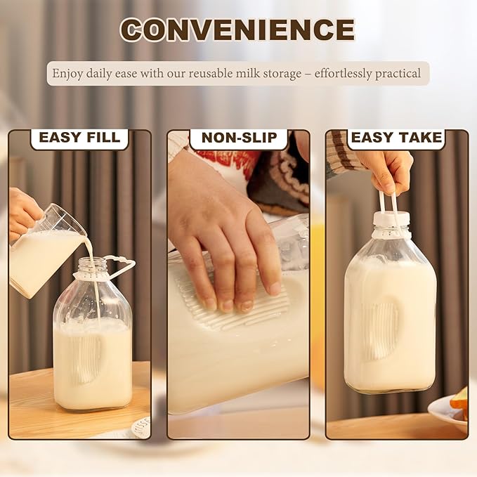 Glass Milk Jugs Bottles - Half Gallon / 2Qt Container Pitcher with Airtight Screw Lids and Handle for Milk, Breastmilk, Juice, Iced Tea, Cold Water, 64 OZ Set of 2