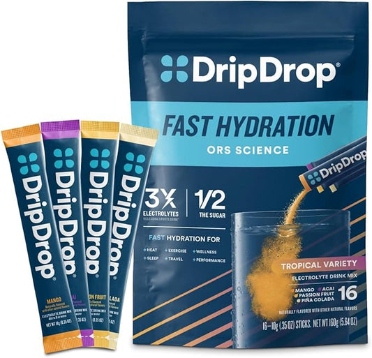DripDrop Hydration Packets - Tropical Variety Pack - Single Serve Electrolytes Powder Drink Mix - Mango, Açaí, Passion Fruit, Piña Colada - Non-GMO, Gluten Free, Vegan - 16 Sticks