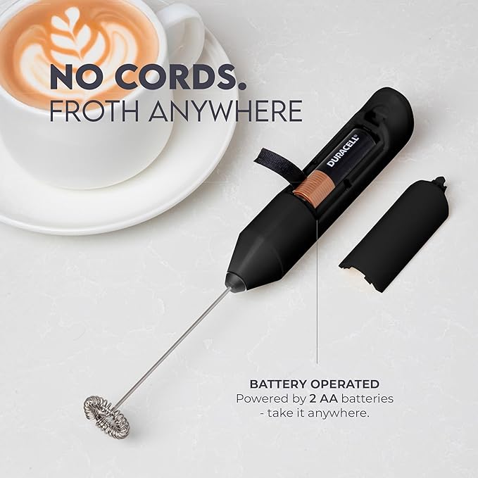 Zulay Kitchen Powerful Milk Frother AA Batteries Included – Ultra Fast Handheld Drink Mixer with Stainless Steel Whisk Stirrer for Coffee, Protein, Matcha & More, Frother Wand Electric Frothmate Black