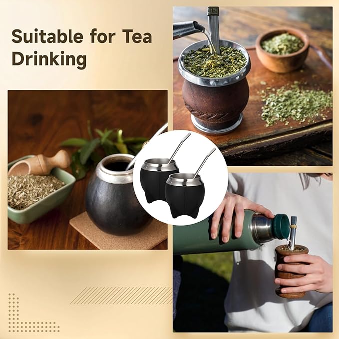 2PCS Yerba Mate Cup, 6 oz Stainless teel Mate Cup with Straw, Double Wall Vacuum Insulated Yerba Mate Gourd for Traditional Mate Tea Drinking (Black-A)