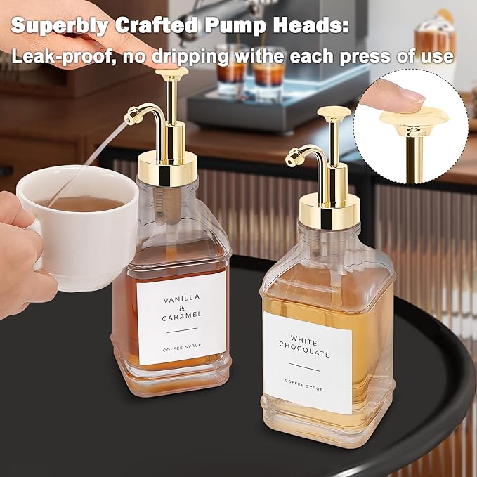 BathAce Coffee Syrup Dispenser for Coffee Bar, Clear Glass Syrup Bottles with Pump, Refillable Maple Syrup Storage, Coffee Station Accessories and Organizer, 500ml, Set of 2 (Gold)
