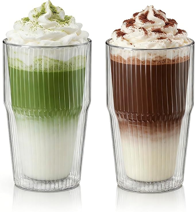 KEMORELA Iced Coffee Cups 16oz Ribbed Double Wall Glass Cups 2PCS, Coffee Bar Accessories，Insulated Borosilicate Glass Tumblers, To Go Coffee Cups, Spill proof tumbler,tumblers & water glasses