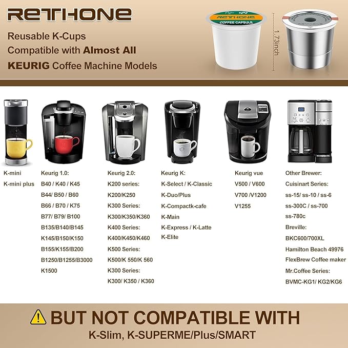 RETHONE Reusable K Cups for Keurig 1.0 & 2.0 - Stainless Steel Coffee Pods, Refillable Ground Coffee Pods(2 pack)