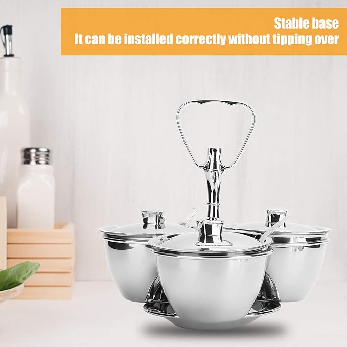 Stainless Steel Sugar Bowl, Seasoning Jar Container, Rotating Condiment Jar Rack Set with Cover for Kitchen Countertop Cabinet