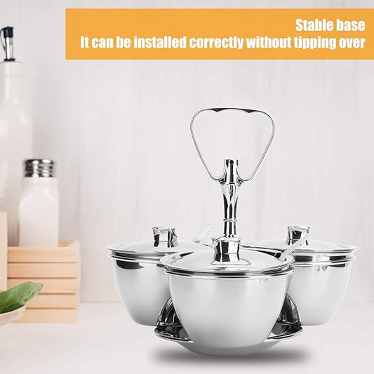 Stainless Steel Sugar Bowl, Seasoning Jar Container, Rotating Condiment Jar Rack Set with Cover for Kitchen Countertop Cabinet