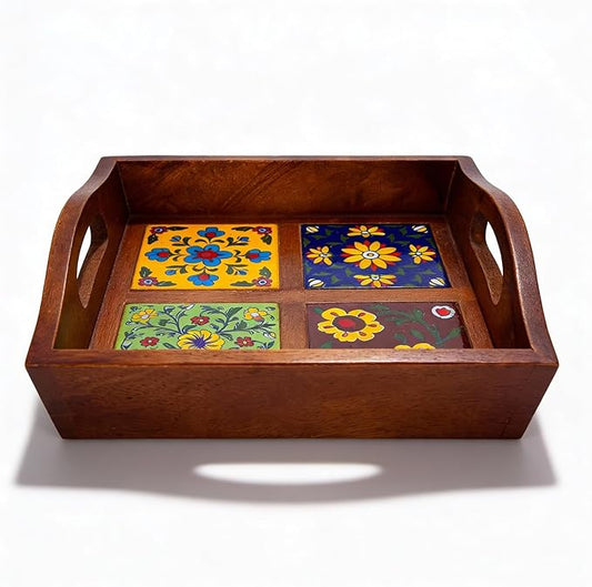 Craft Trade Mango Wood Serving Tray with Handle and 4 Fitted Floral Ceramic Tiles Wooden Platters Perfect for Breakfast Tea Coffee Snacks Dinner 23x23x8 cm Square