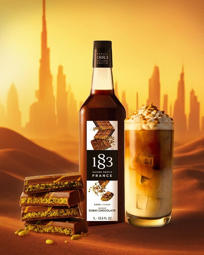 1883 Dubai Chocolate Syrup for Coffee & Drinks, Made in France, 1 Liter Plastic Bottle– Rich Cane Sugar Blend for Coffee, Milkshakes, Cocktails & Dessert Toppings