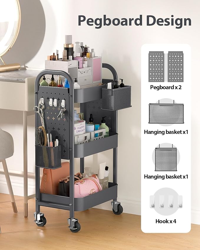 ALVOROG 3 Tier Rolling Cart with DIY Pegboards Metal Utility Cart with Wheels Handles Baskets Hooks, Storage Cart for Office Kitchen Bathroom(Gray)