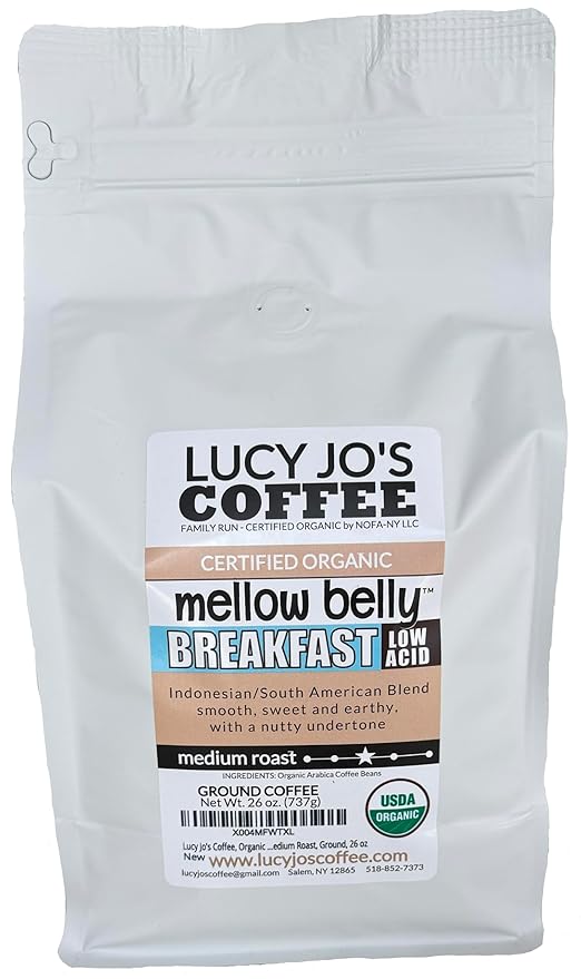 Lucy Jo's Coffee, Organic Mellow Belly Breakfast Low Acid Blend, Medium Roast, Ground, 11 oz (26 oz, Smooth, sweet and earthy, with a nutty undertone)