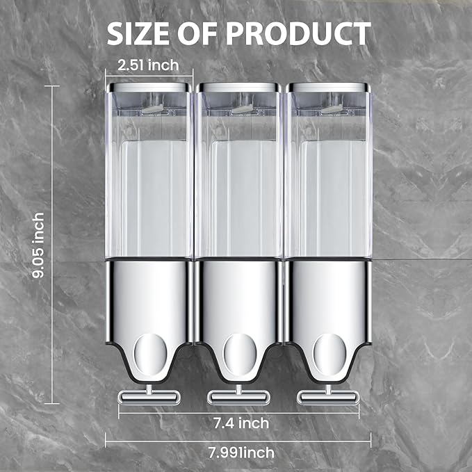 3-in-1 Quadrate Dispensers for The Shower,Shower soap Dispenser,Conditioner Dispenser, Shampoo Dispenser,No Drilled Wall Mounted Distributor,Hotel,Bathroom,Home
