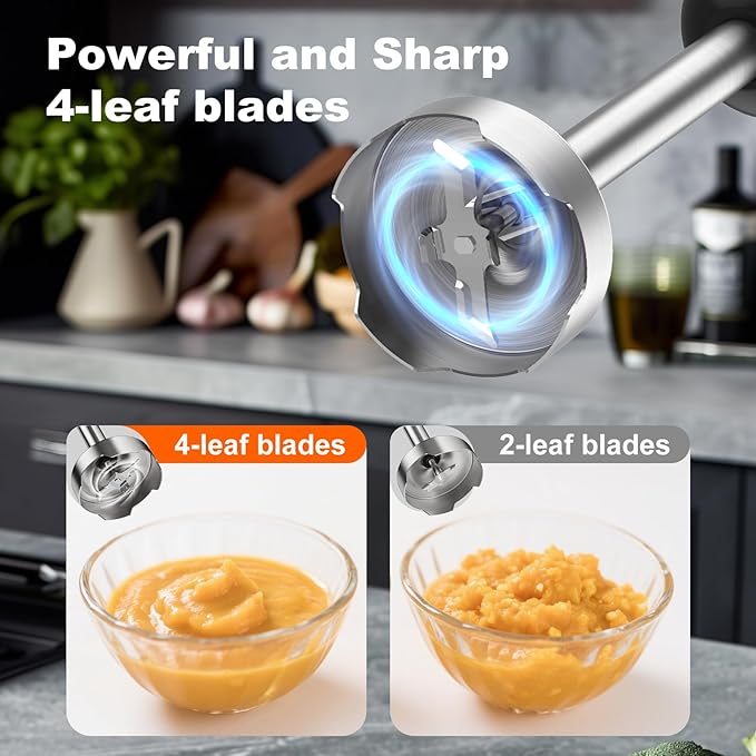 Immersion Blender Handheld Hand Blenders, 20 Speed & Turbo Mode Hand Held Blender, Heaviest Duty Copper Motor, Stainless Steel Blades, Milk Frother Wand, Whisk, 600ml Beaker, 500ml Chopper (Silver)