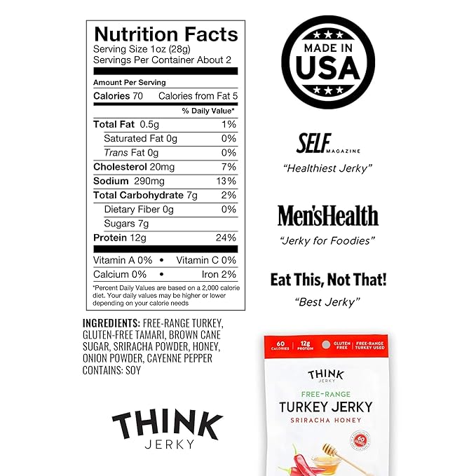 Think Jerky Sriracha Honey Turkey Jerky, High Protein Free-Range Turkey, Gluten Free, No Antibiotics or Nitrates, Healthy Chef Crafted Recipe, Low Calorie and Low Fat - 2.2 oz Bags, 4 Pack